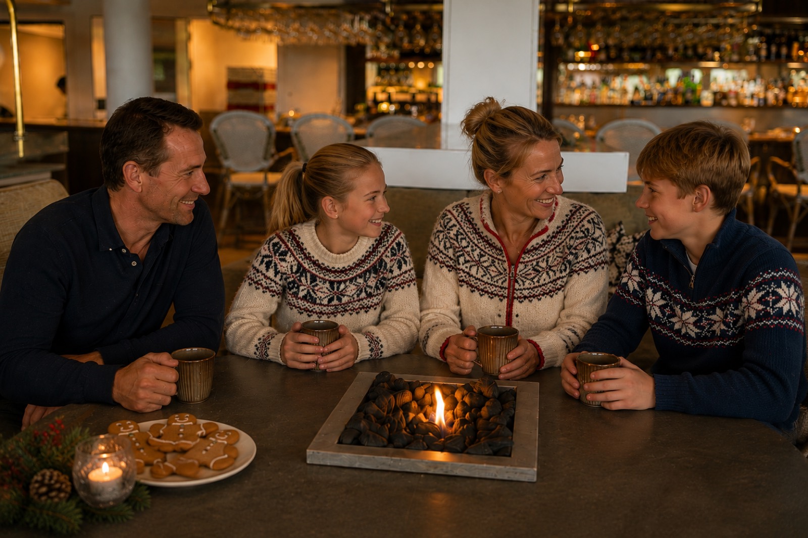 Familie i julegensere samlet rundt bordet med pepperkaker og varm drikke på Havna