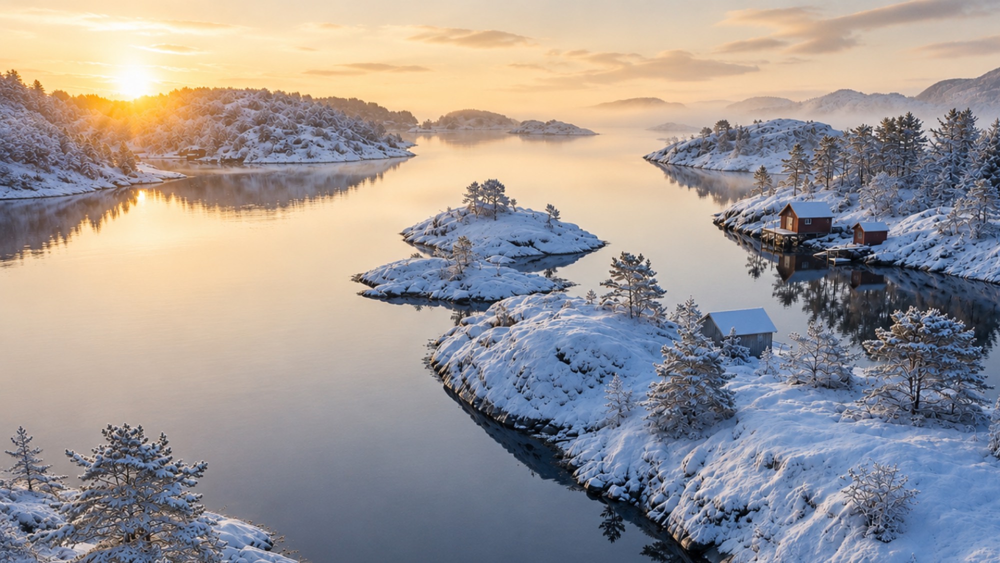 Solnedgang over den snødekte skjærgården ved Tjøme