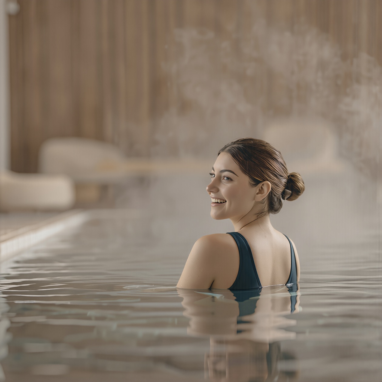 Gjest nyter det innendørs bassenget på Havna Bad